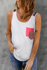 White Leopard Print Pink Sequin Pocket Tank