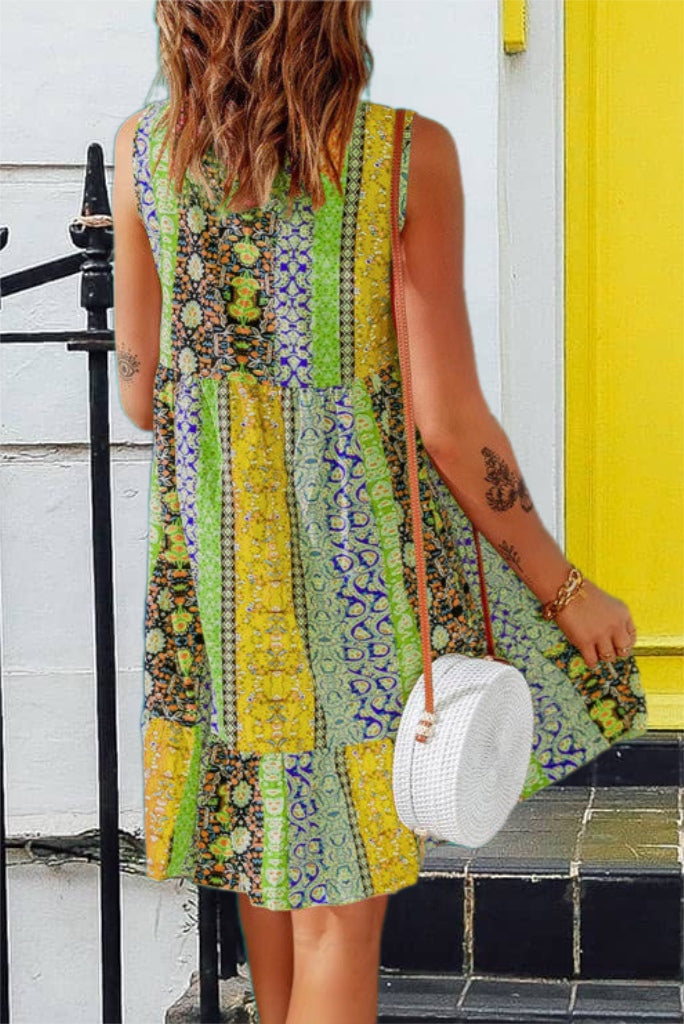 Green Yellow Floral Color Block Print Empire Waist Dress