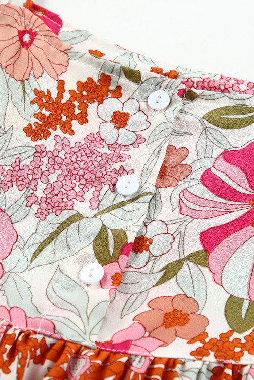 Pink Floral Flutter Cap Sleeve Flowy Blouse