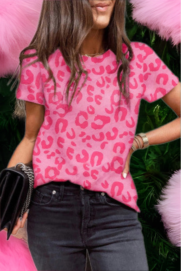 Pink Leopard Print Casual Tee