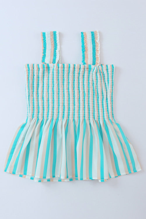 Aqua Tan White Striped Smocked Peplum Tank Top