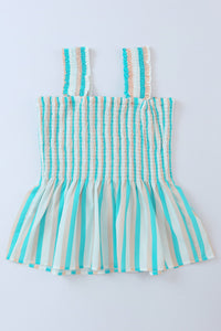 Aqua Tan White Striped Smocked Peplum Tank Top