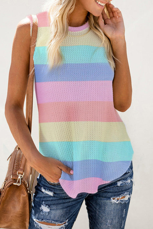 Pastel Striped Waffle Knit Sleeveless Top