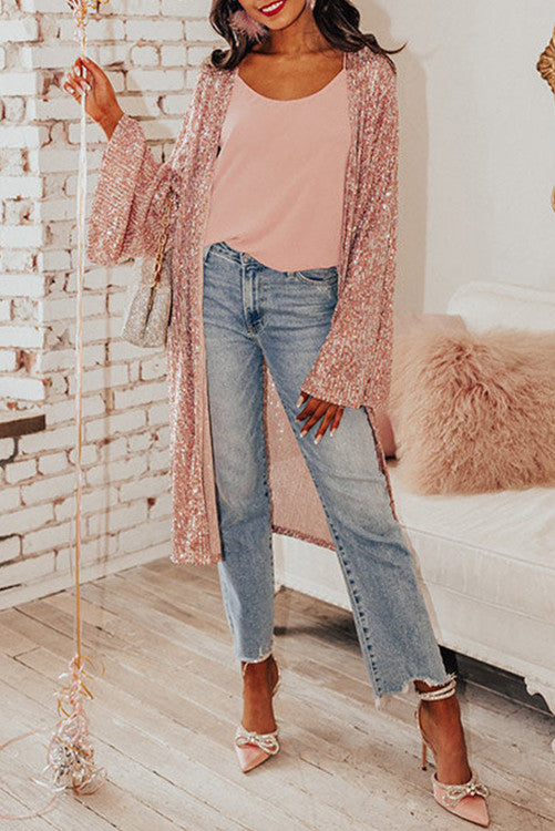 Pink Champagne Sequined Open Front Kimono