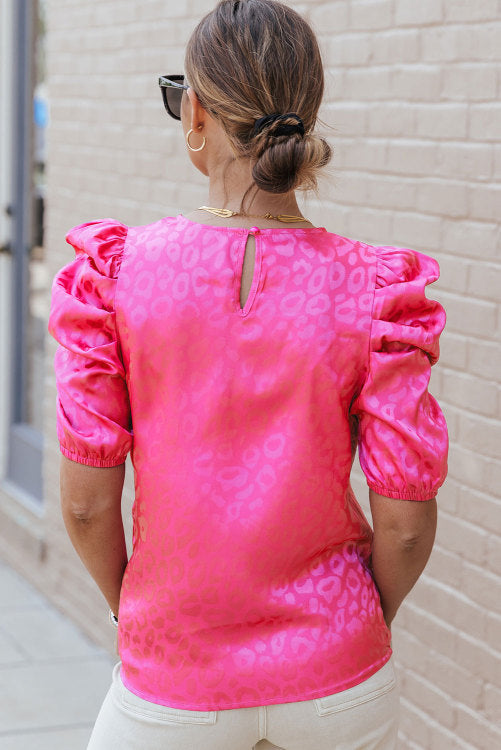 Fuchsia Pink Leopard Print Bubble Sleeve Blouse