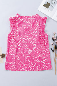 Pink Spotted V-Neck Ruffled Sleeveless Blouse