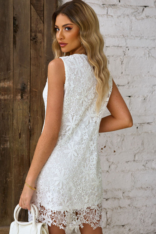 White Floral Lace Sleeveless Mini Dress