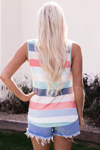 Coral Blue Striped Sequin Pocket Sleeveless Top