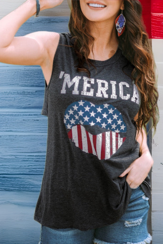 ’Merica Flag Lips Cut Out Back Sleeveless Top