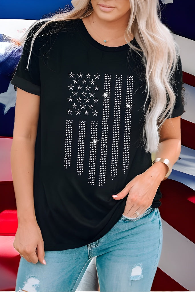 Silver Rhinestone American Flag Black Cuffed Sleeve Tee