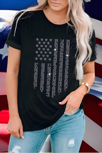 Silver Rhinestone American Flag Black Cuffed Sleeve Tee