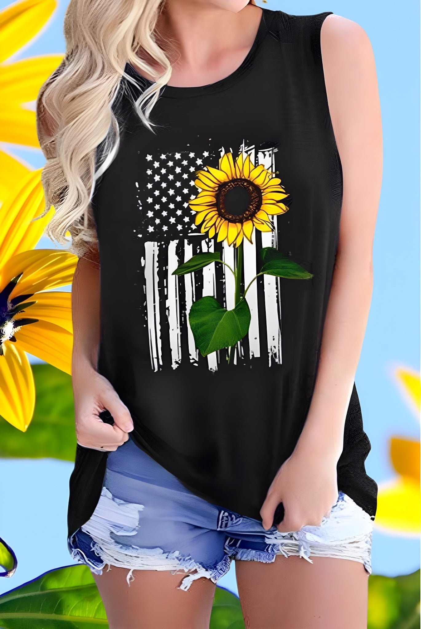 Sunflower On Black and White Flag Tank