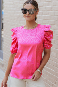 Fuchsia Pink Leopard Print Bubble Sleeve Blouse