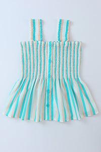 Aqua Tan White Striped Smocked Peplum Tank Top