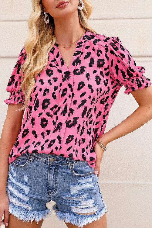 Dark Pink Leopard Print V-neck Bubble Sleeve Blouse