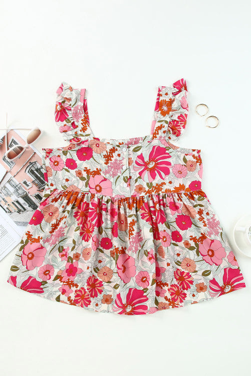Pink Floral Flutter Cap Sleeve Flowy Blouse