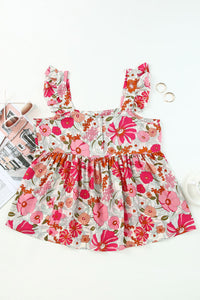 Pink Floral Flutter Cap Sleeve Flowy Blouse