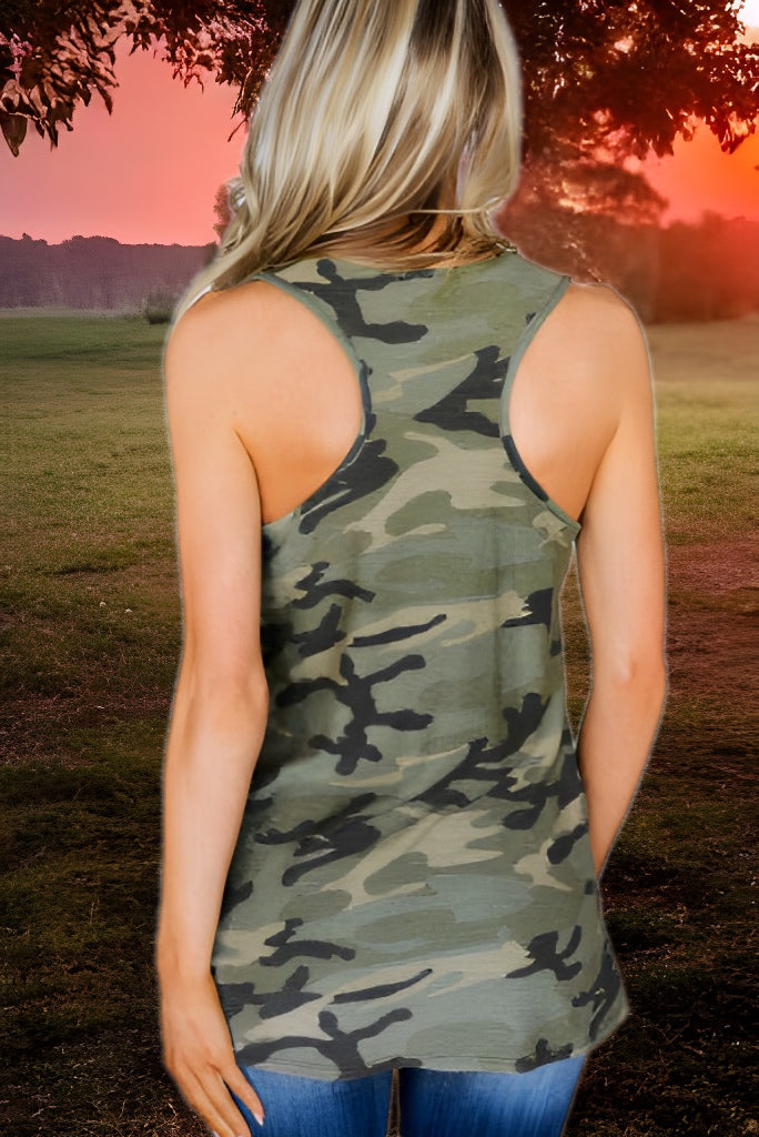 American Flag Print Pocket Camo Tank Top