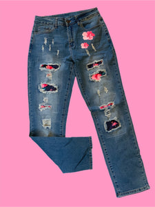 Hibiscus Flamingo Patch Distressed Denim Jeans