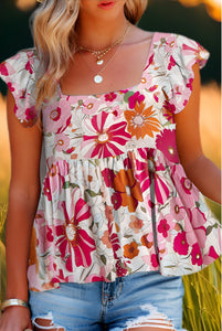 Pink Floral Flutter Cap Sleeve Flowy Blouse