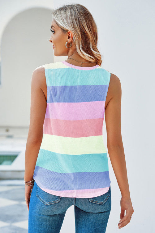 Pastel Striped Waffle Knit Sleeveless Top