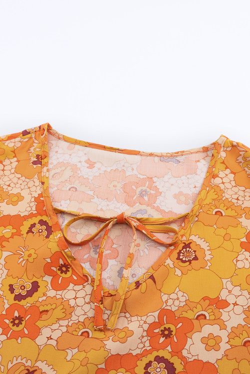 Orange Retro Floral Puff Sleeve Dress with Pom Pom Hem