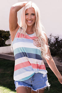 Coral Blue Striped Sequin Pocket Sleeveless Top