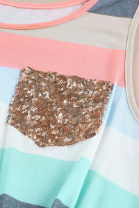 Coral Blue Striped Sequin Pocket Sleeveless Top