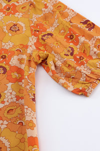 Orange Retro Floral Puff Sleeve Dress with Pom Pom Hem