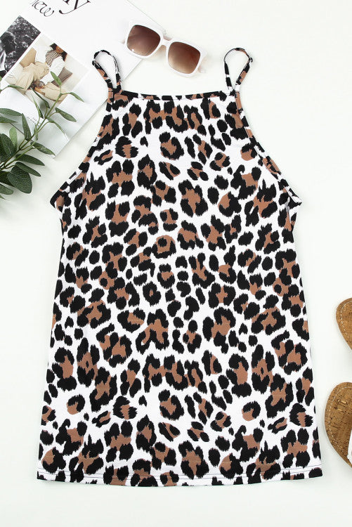 Black Lace Neckline Leopard Print Halter Tank