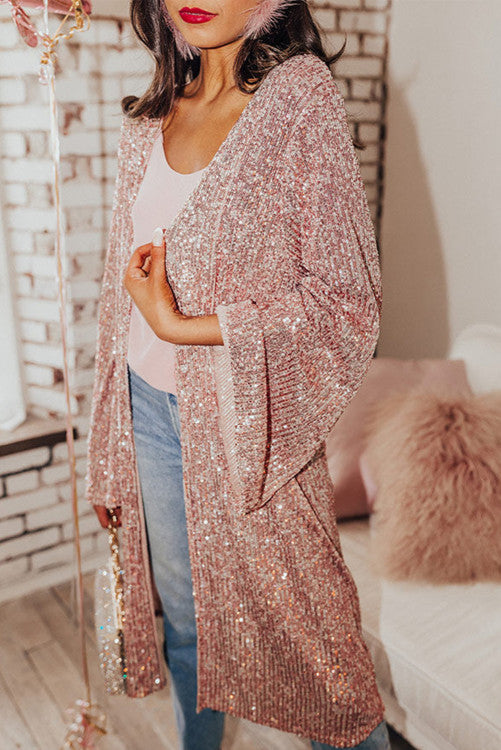 Pink Champagne Sequined Open Front Kimono