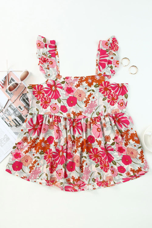 Pink Floral Flutter Cap Sleeve Flowy Blouse
