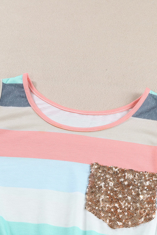Coral Blue Striped Sequin Pocket Sleeveless Top