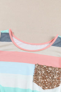 Coral Blue Striped Sequin Pocket Sleeveless Top