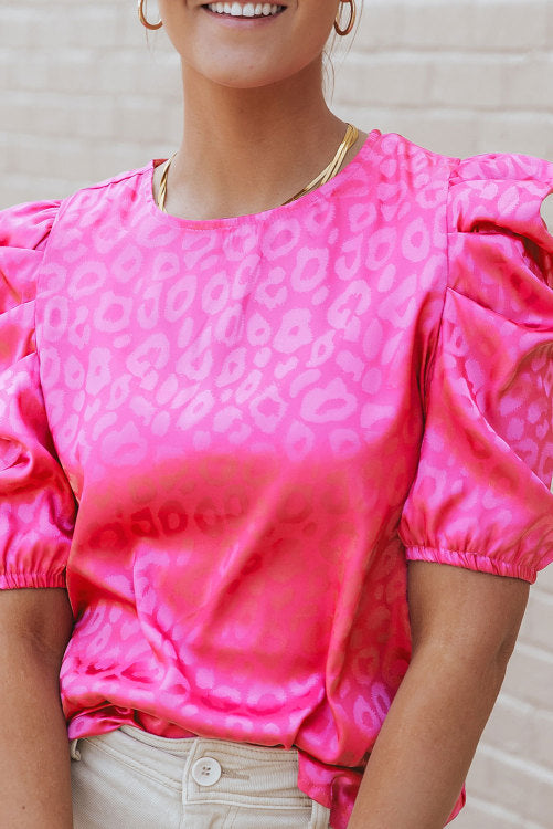 Fuchsia Pink Leopard Print Bubble Sleeve Blouse