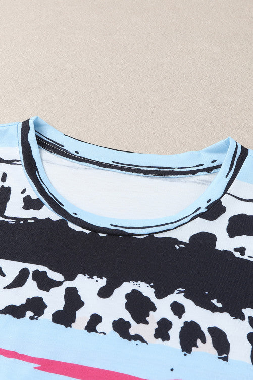 Pink Aqua Leopard Print Striped Tee