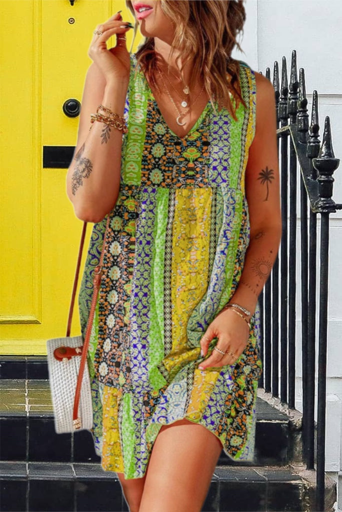 Green Yellow Floral Color Block Print Empire Waist Dress