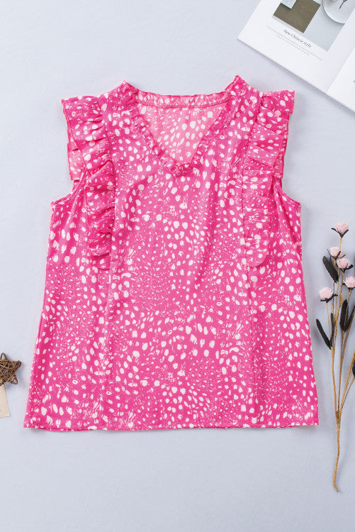 Pink Spotted V-Neck Ruffled Sleeveless Blouse