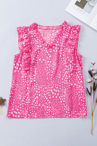 Pink Spotted V-Neck Ruffled Sleeveless Blouse