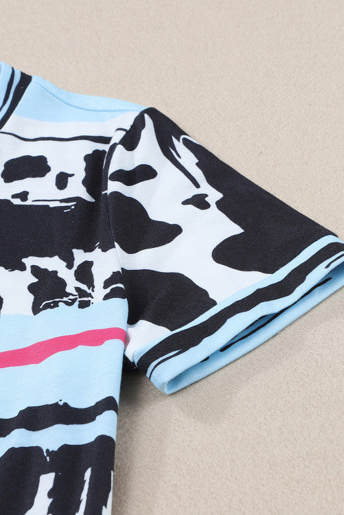 Pink Aqua Leopard Print Striped Tee