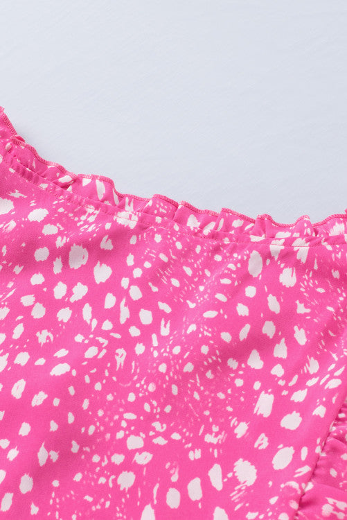 Pink Spotted V-Neck Ruffled Sleeveless Blouse
