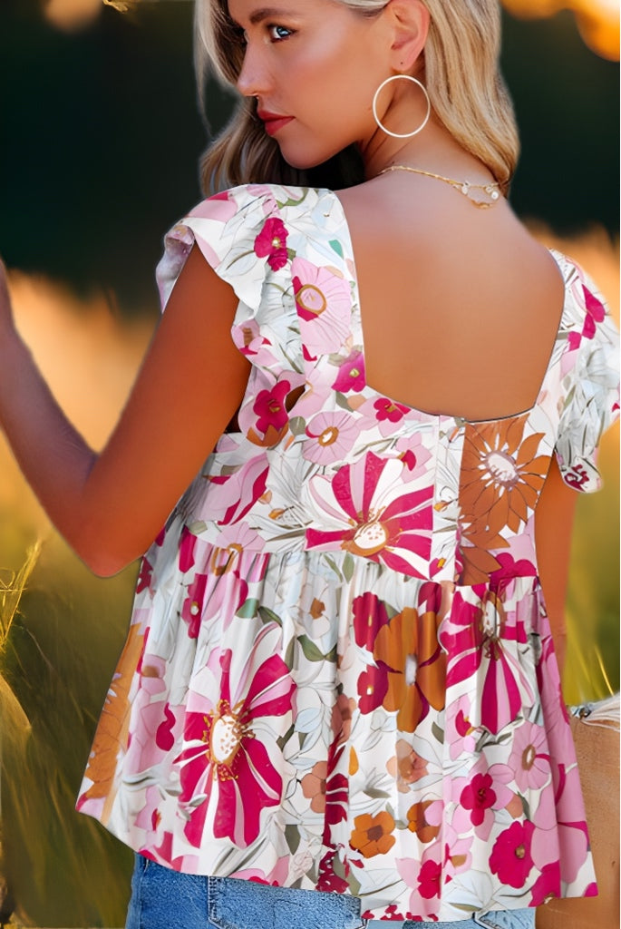 Pink Floral Flutter Cap Sleeve Flowy Blouse