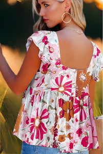 Pink Floral Flutter Cap Sleeve Flowy Blouse