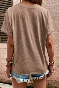 Mocha V-Neck Rolled Short Sleeve Tee