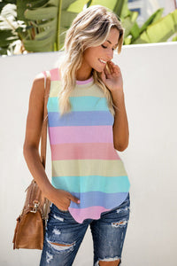 Pastel Striped Waffle Knit Sleeveless Top