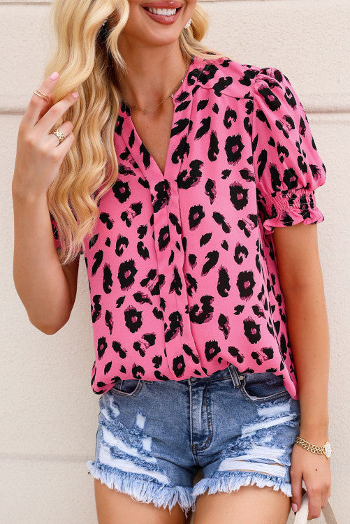 Dark Pink Leopard Print V-neck Bubble Sleeve Blouse