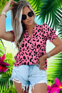 Dark Pink Leopard Print V-neck Bubble Sleeve Blouse