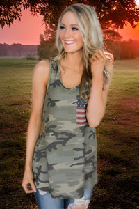 American Flag Print Pocket Camo Tank Top