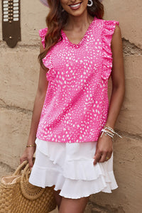 Pink Spotted V-Neck Ruffled Sleeveless Blouse