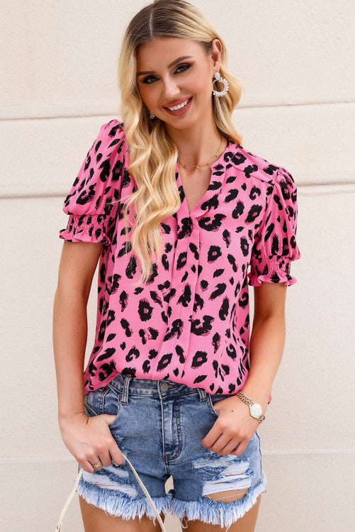 Dark Pink Leopard Print V-neck Bubble Sleeve Blouse